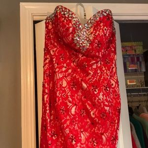 red lace prom dress